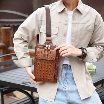 Brown Black Men'S Chest Bag Crocodile-Embossed Bag Travel Bag Daily Use Bag Stylish Mens