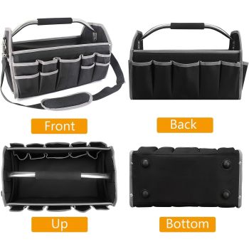 Black Yellow portable tool organizer, tool basket, tool storage, DIY tools, professional tools, tool compartments, Australian tradesperson, workshop organizer, heavy-duty tool carrier