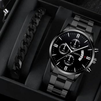 men's watch, Geneva calendar watch, stainless steel watch, business watch for men, Australian men's fashion, dress watch, formal watch, calendar wristwatch, Australian men's accessories - Black - Size 13