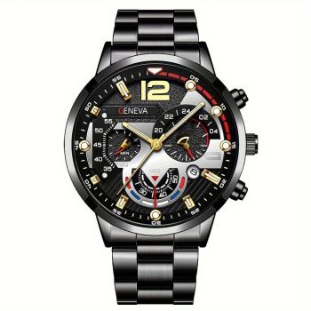 men's watch, Geneva calendar watch, stainless steel watch, business watch for men, Australian men's fashion, dress watch, formal watch, calendar wristwatch, Australian men's accessories - Black - Size 2