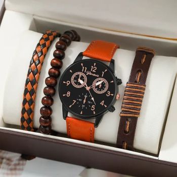 men's bracelet watch set, single calendar watch, fake three eye watch, canvas quartz watch, PU bracelet, men's fashion accessory, gift for men, Australian men's watch - Black - Size 12