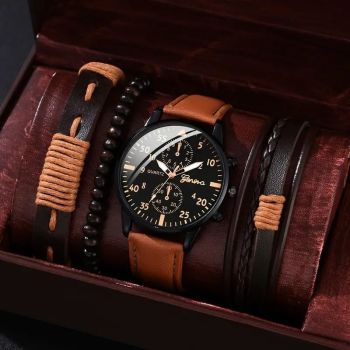 men's bracelet watch set, single calendar watch, fake three eye watch, canvas quartz watch, PU bracelet, men's fashion accessory, gift for men, Australian men's watch - Black - Size 7