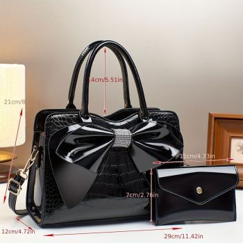 White Ladies Handbag Bow Embellished Handbag Handbag With Small Purse Crocodile - White - Size 29-12-21