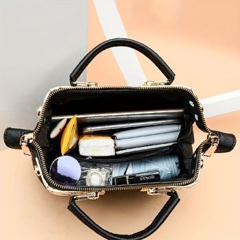 Women'S Handbag Quilted Handbag Studded Handbag Black Handbag Gold Toned - Blue - Size 25-13-16