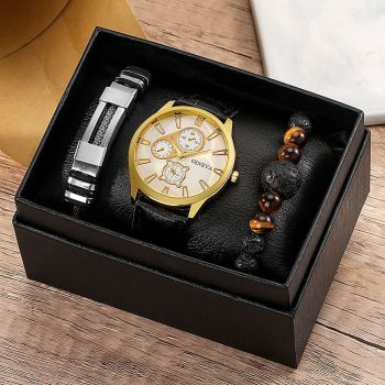 Men'S Bracelet Watch Set Single Calendar Watch Fake Three Eye Watch Canvas - Black - Size 18