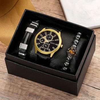 Men'S Bracelet Watch Set Single Calendar Watch Fake Three Eye Watch Canvas - Black - Size 19
