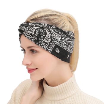 Assorted Paisley Print Wide Bandana Knot Headbands Criss Cross Head Wrap Hair Band (Black) Soft Bandana Print Knot Front Headband