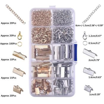Golden & Silver Ribbon Ends Kit with Lobster Clasps Jump Rings Earring Hooks Chain Extender for DIY Jewelry