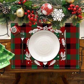 Christmas Placemats Set of 3 Table Mats for Dining Tables Red Green Buffalo Plaid Xmas Table Place Mat Set for Christmas Party