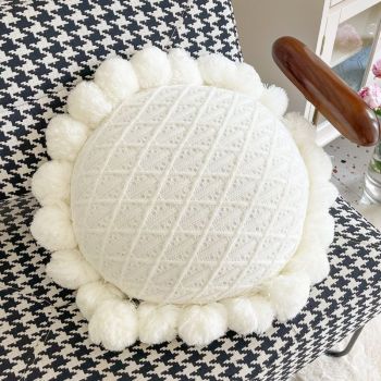 Knitted Throw Pillow Round Couch Pillow Sofa Cute Cushion Handmade Pompoms Decorative Plush Pillow (Beige)