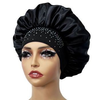 Hair Bonnet Glittering Pearls and Rhinestones Satin Bonnet Wide Band Sleeping Cap
Satin Stretch Night Care Wide-brimmed
