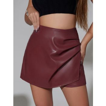Burgundy Faux Leather Mini Skirt Faux Leather Skirt Women'S Wrap Skirt Trendy - White - Size XL