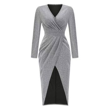 Long Sleeve Dress V-Neck Dress Wrap Maxi Dress Women'S Maxi Dress Evening Dress - Gold - Size S