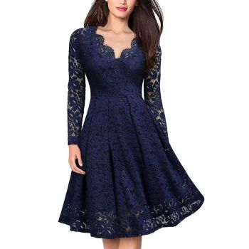 Long Sleeve Lace Dress V-Neck Dress Flared Dress Women'S Formal Dress Elegant - Dark blue - Size L