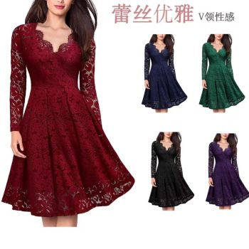 Long Sleeve Lace Dress V-Neck Dress Flared Dress Women'S Formal Dress Elegant - Dark blue - Size XL