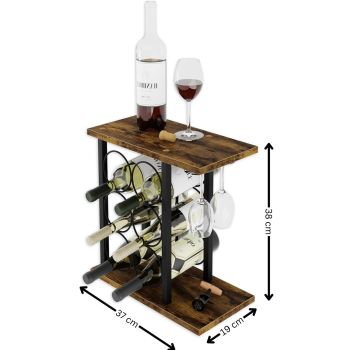 Wine Rack Countertop Wooden & Metal Holder for 6 Bottles & 2 Glasses