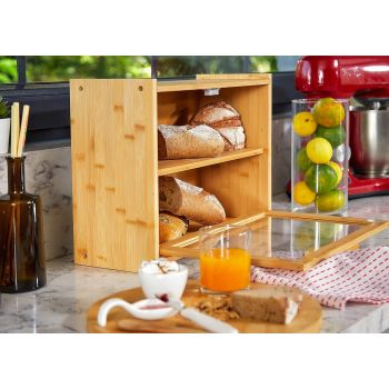 Double Layer Bamboo Bread Box for Kitchen Counter with Large Capacity and Transparent Window