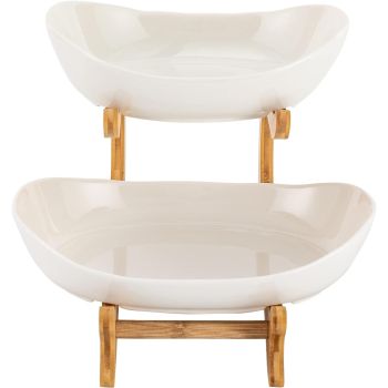 CARLA HOME 2-Tier Ceramic Fruit Bowl Basket with Bamboo Stand for Kitchen Counter, Snack Tray, Dessert Server & Vegetable Storage Rack