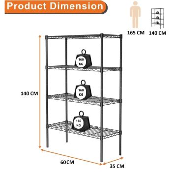CARLA HOME 4-Tier Adjustable Metal Storage Shelves Wire Rack Organizer for Kitchen, Pantry, Bathroom or Laundry Room (60cm W x 40cm D x 140cm H)