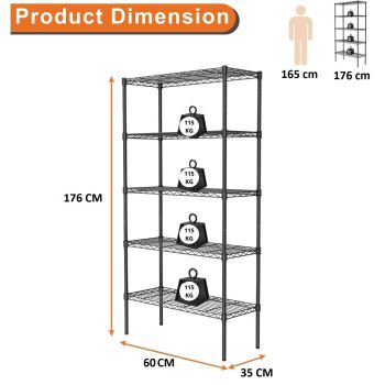 CARLA HOME 5-Tier Adjustable Metal Storage Shelves Wire Rack Organizer for Kitchen, Pantry, Bathroom or Laundry Room (60cm W x 40cm D x 176cm H)