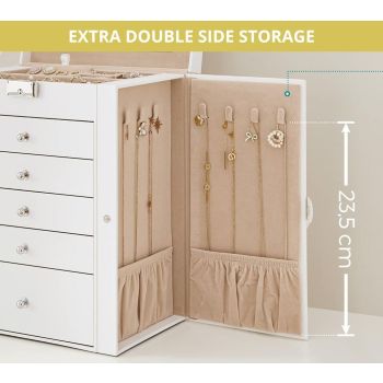 CARLA HOME 6-Layer Large Jewelry Box for Women withDrawers, Mirror, Lock, Necklace Hooks & Side Compartments for Rings, Earrings, Bracelets, Gifts (White)
