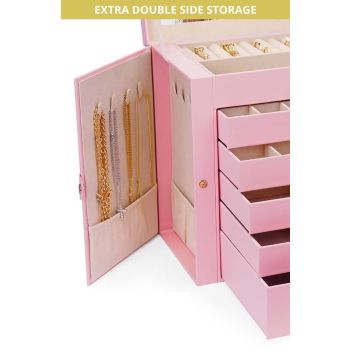 CARLA HOME 6-Layer Large Jewelry Box for Women withDrawers, Mirror, Lock, Necklace Hooks & Side Compartments for Rings, Earrings, Bracelets, Gifts (Pink)