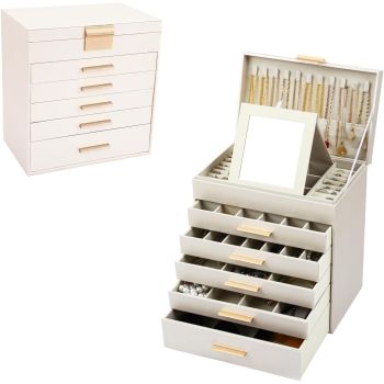 CARLA HOME 6-Layer Large Jewelry Organizer Box for Women with Mirror, Drawers, Hooks & Dividers for Rings, Necklaces, Bracelets, Ideal Gift for Women (White)