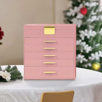 CARLA HOME 6-Layer Large Jewelry Organizer Box for Women with Mirror, Drawers, Hooks & Dividers for Rings, Necklaces, Bracelets, Ideal Gift for Women (Pink)