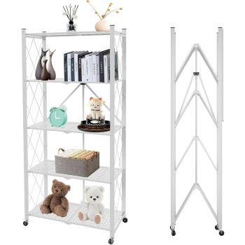 CARLA HOME 5-Tier Foldable Storage Shelf with Wheels for Kitchen, Garage, Pantry or Basement (White)