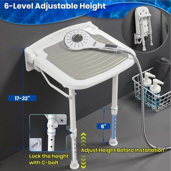 Wall-Mount Foldable Shower Chair, Adjustable, Non-Slip Feet