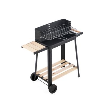 Charcoal Grill BBQ with Manual Rotisserie Stick on Trolley Stand