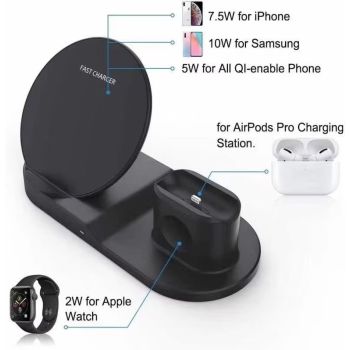 N30 3 in 1 Wireless Charger Qi Fast Charger Stand for iPhone/Samsung/Airpods/Apple Watch-Black