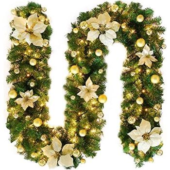 2.7M Christmas Garland with Lights Rattan Artificial Garland Green for Indoor Home Fireplace Stair Decorations-Gold