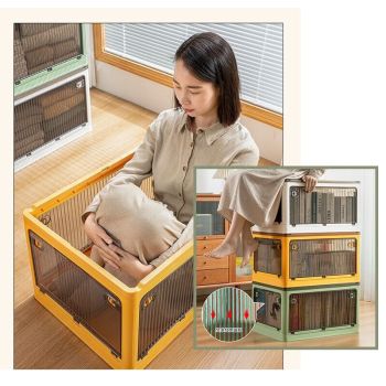 28L yellow Storage Container Stackable 5 Sides Open Top Lid Transparent Foldable
