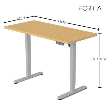 FORTIA Sit To Stand Up Standing Desk, 120x60cm, 72-118cm Electric Height Adjustable, 40kg Rated, White Oak Style/Silver Frame