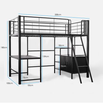 Gaming Loft Bed with Desk and Storage Cabinet, Steel Metal Frame, Space Saving Design, for Single Mattress, Matte Dark Grey