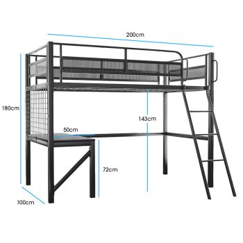 Gaming Loft Bed with Desk, Gridwall, Steel Metal Frame, Space Saving Design, for Single Mattress, Matte Dark Grey