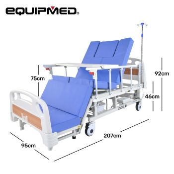 EQUIPMED Electric 8 Function Medical Bed , w/ Mattress & Over Bed Table, Adjustable Back and Leg Lifting, Lateral Tilting, Commode Bowl, IV Pole