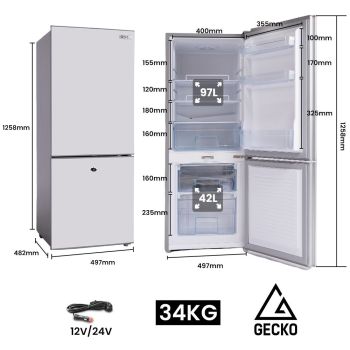 GECKO 139L Upright Portable Fridge / Freezer, 12V/24V for Motorhome and Caravan, Silver