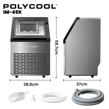 POLYCOOL Commercial Ice Maker Machine, up to 45kg/24hr, Timer & Self Cleaning Programs