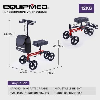 Equipmed Knee Scooter Walker, Dual Brakes - Bag - Broken Leg Ankle Foot Mobility - Crutches Alternative - Red