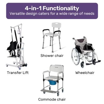 EQUIPMED 4in1 Patient Lift Transfer Chair, Manual Height Adjustment, Shower Compatible, Over Toilet, Removable Commode, for Seniors Elderly Disabled