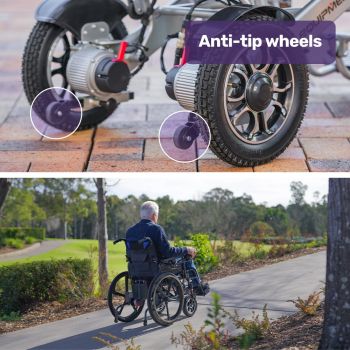 EQUIPMED Electric Wheelchair Folding, Long Range, Airline Approved, Lithium Battery, 24" Light Rear Wheels, Matte Black/Blue