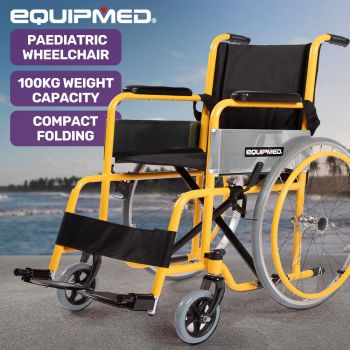 EQUIPMED Kids Paediatric Wheelchair, 100kg Rated, 110-140cm Rider Height, Quick Folding, Adjustable Footrests, 22" Wheels, Yellow