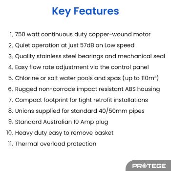 PROTEGE Variable Speed Pump, 1.0HP, 3 Speeds, Quiet, Economical, for Swimming Pool and Spa