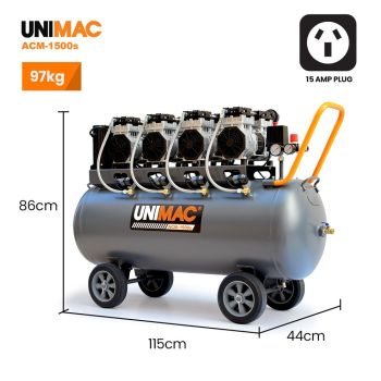 Unimac 150L 4.5HP Ultra-Slient Oil-Free Electric Air Compressor, Long Life Quad Motor, 116PSI Portable Heavy Duty, Twin Nitto Outlets, 15A Plug