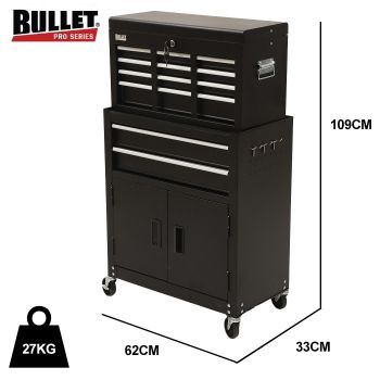 BULLET Pro 8 Drawer Tool Box Chest Cabinet Storage, with 2-Door Toolbox Garage Organiser Set, Black