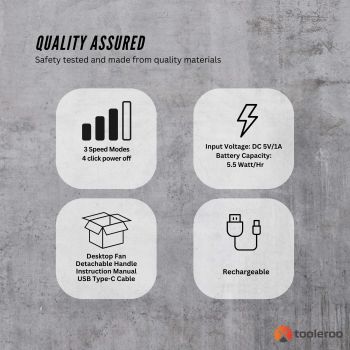 3-Speed USB 20cm Desktop Fan - Quiet Portable Lightweight Rechargeable Cooler