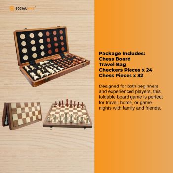 Social Hike Wooden Chess & Checkers 2 in 1 – Magnetic Travel Foldable Board Game