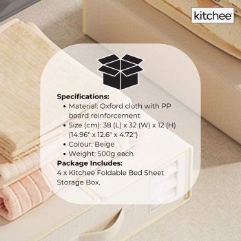 4x Kitchee Foldable Bed Sheet Storage Box – Linen & Closet Organiser Beige